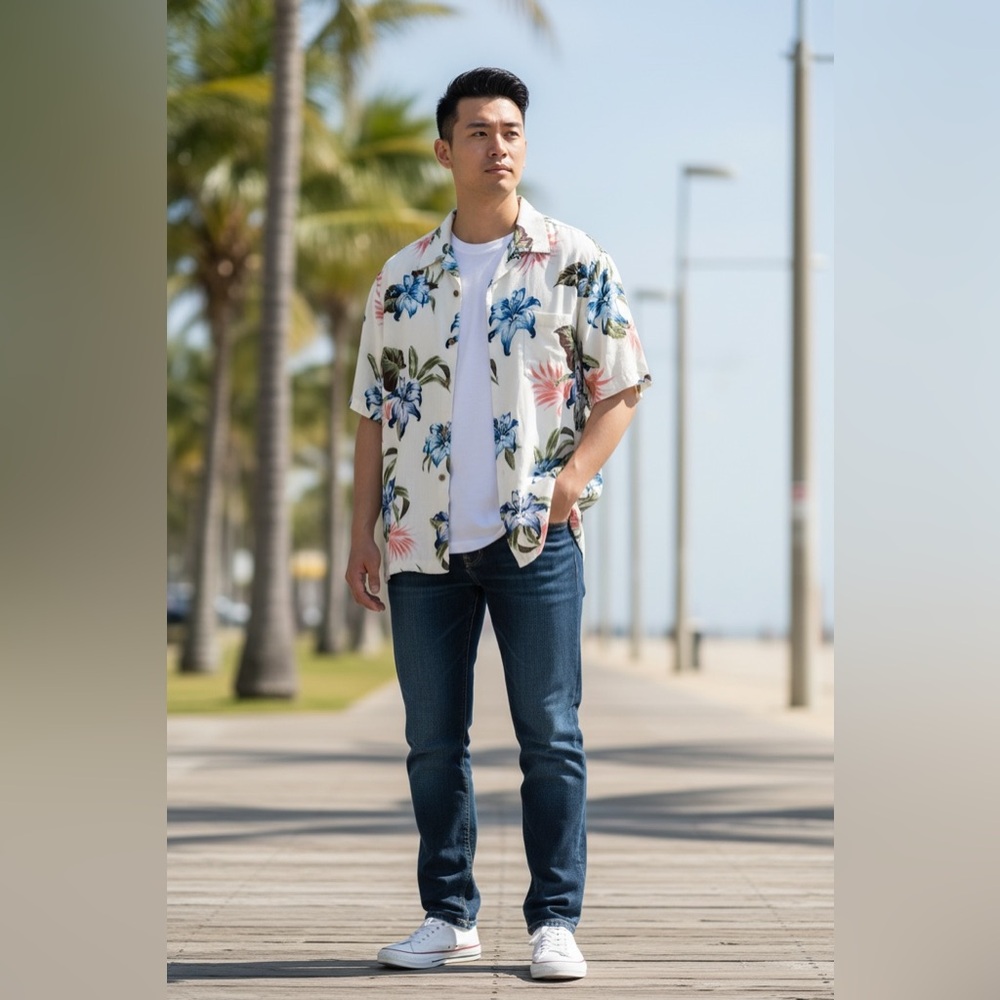 Caribbean Floral Casual Button Down Shirt - White, Blue, Pink
